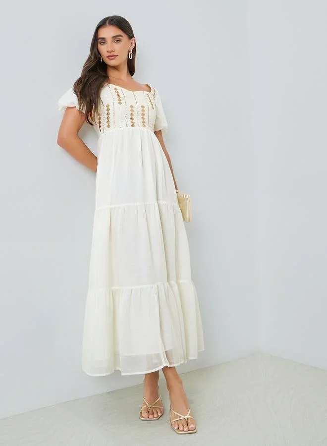 Embroidered Puff Sleeve Tiered Maxi Dress Beige