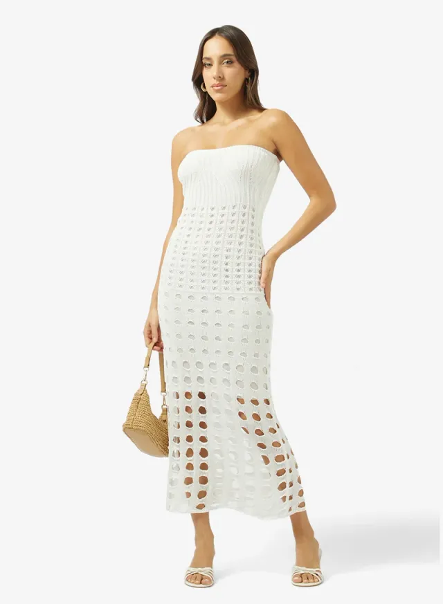 White Off-Shoulder Maxi Dress with Openwork Detail – image 4
