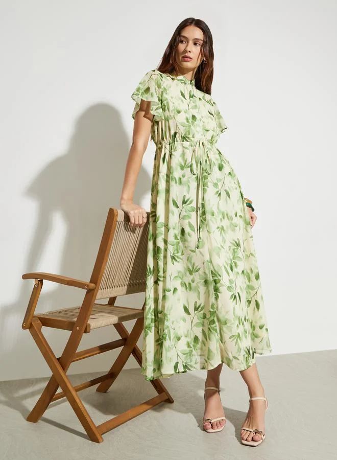 Leaf Print Maxi Dress with Drawstring Green