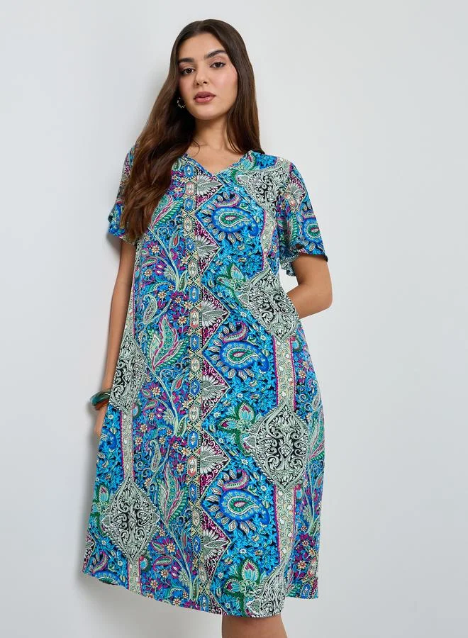 Paisley Print Short Sleeve Midi Dress