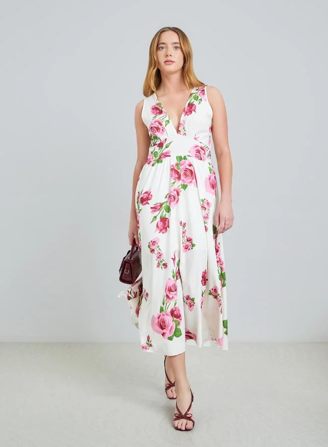 Floral Print Sleeveless Maxi Dress, White