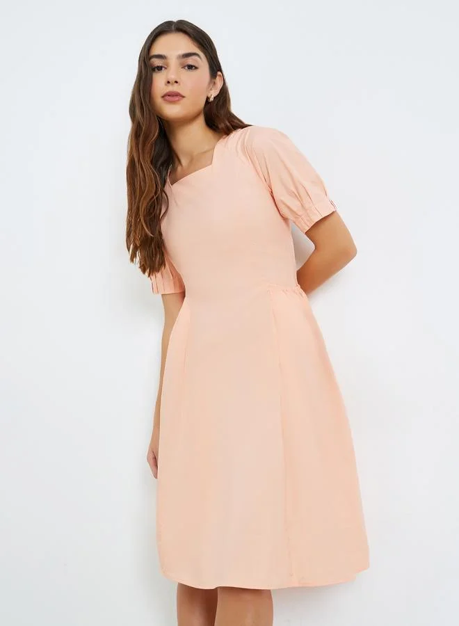 Square Neck Knee Length Dress, Peach