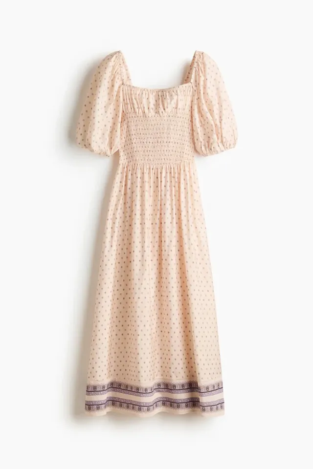 Light Pink Square Neck Smocked Waist Fit & Flare Dress