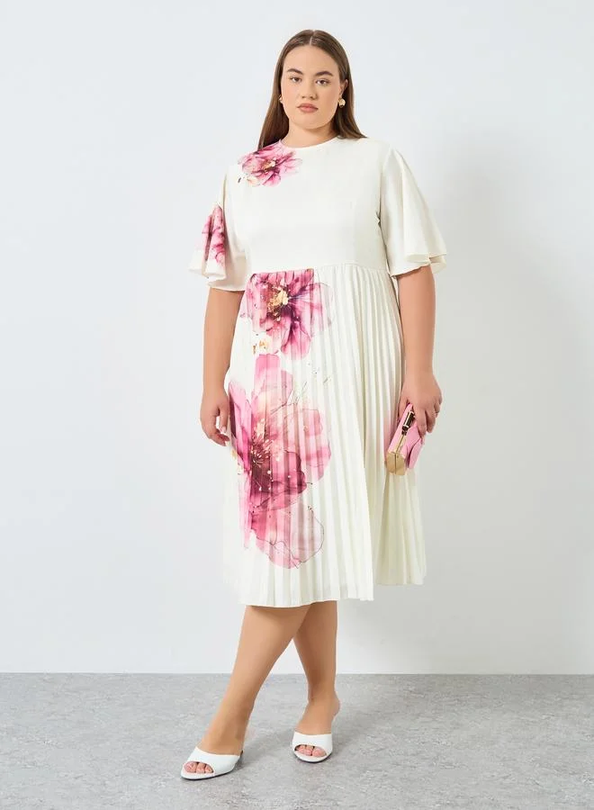Plus Size Floral Midi Dress Cream