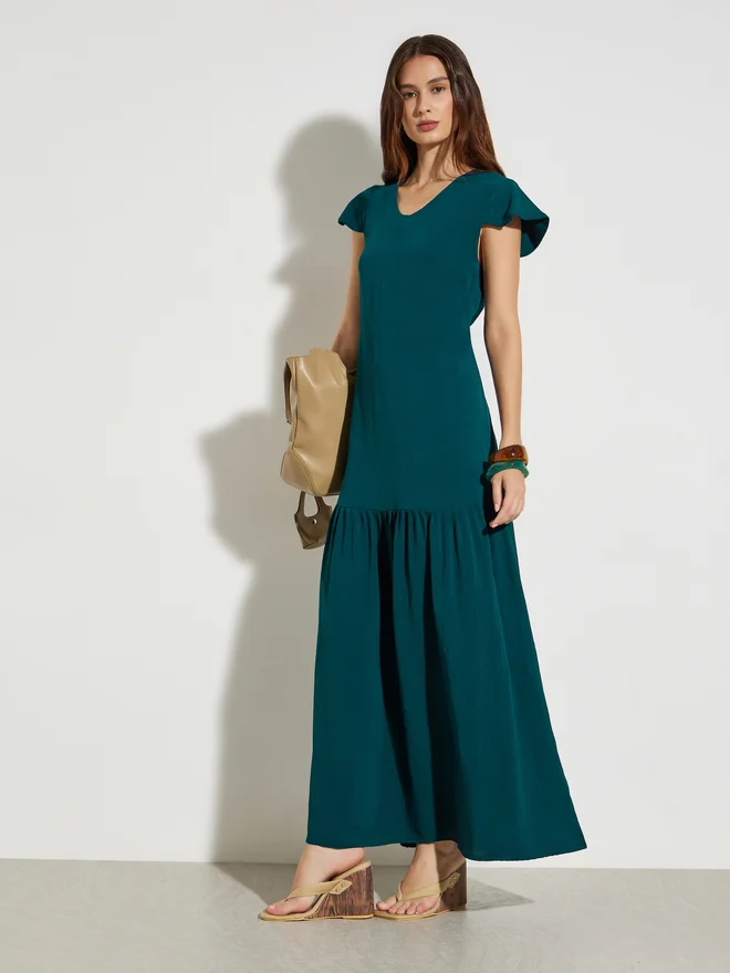 Styli V-Neck A-Line Maxi Dress Dark Green