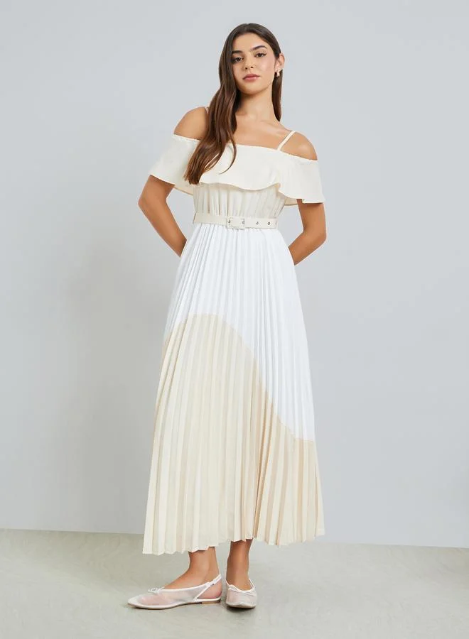 Strappy Pleated Maxi Dress, Color Block