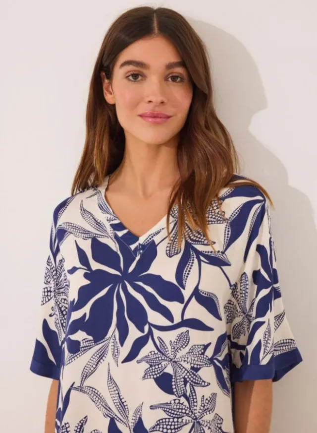 Cream and Blue Floral Print Midi Dress - V Neck, Short Sleeves, Cotton Blend – image 4