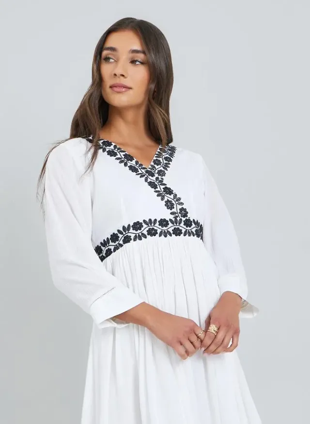 Embroidered Lace A-Line Midi Dress White