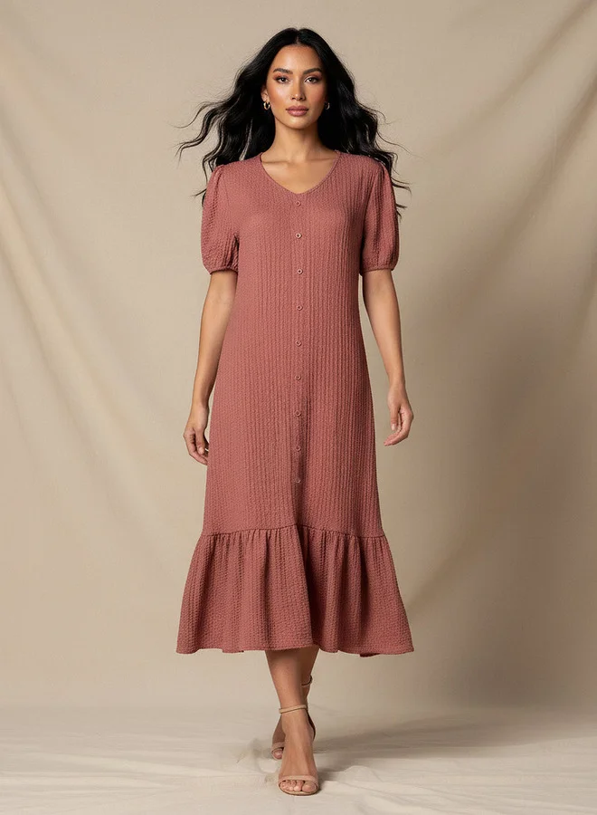 Textured Puff Sleeve Midi Shirt Dress