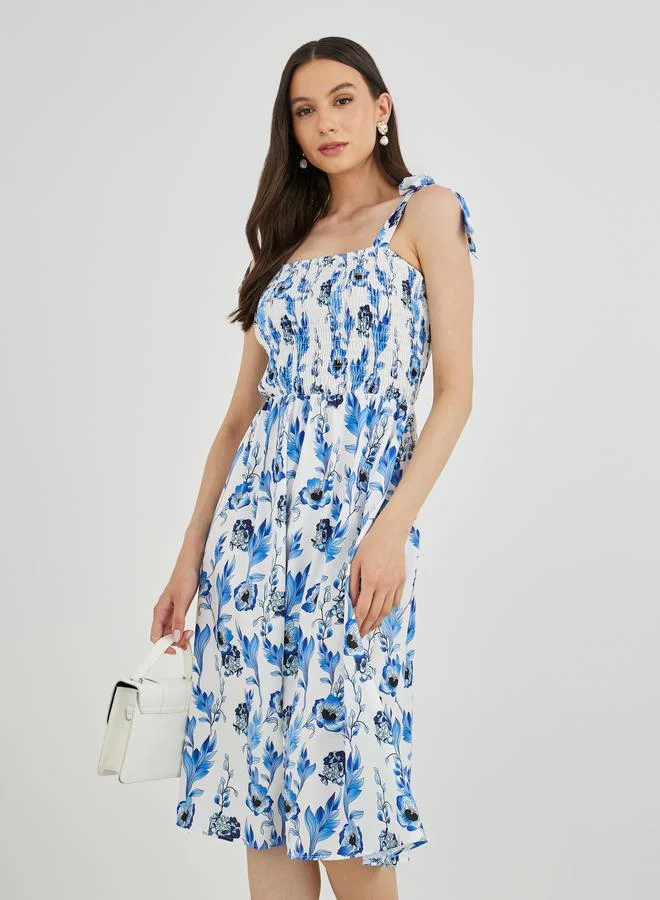 Floral Print A-Line Smocked Maxi Dress