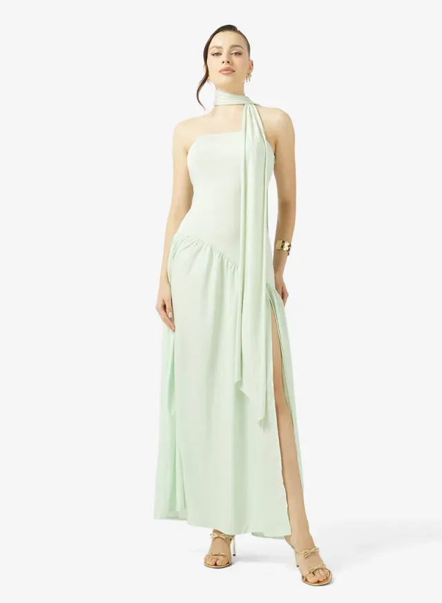Off Shoulder Drop Waist Dress with Scarf