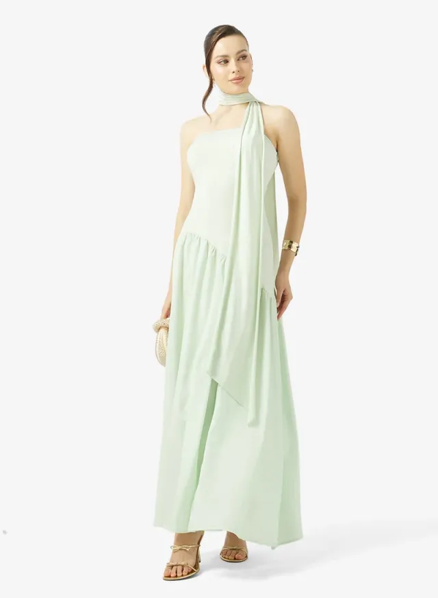 Mint Green Maxi One-Shoulder Drop Waist Dress with Scarf – image 5