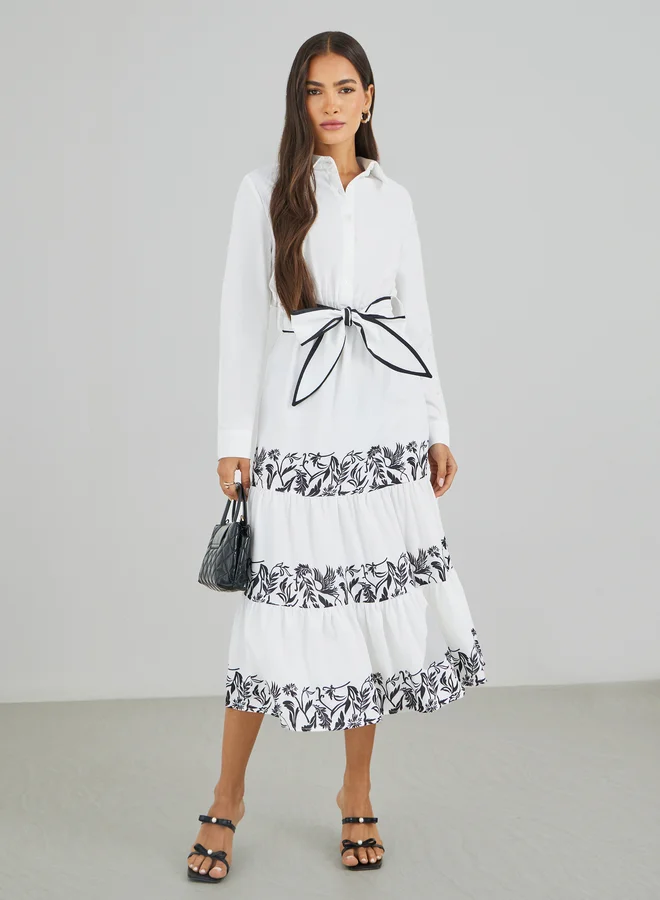 Printed Belted Tiered Long-Sleeve Midi Dress
