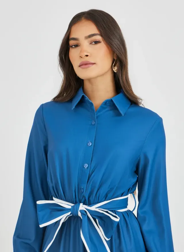 Printed Belted Tiered Long-Sleeve Midi Dress – image 4
