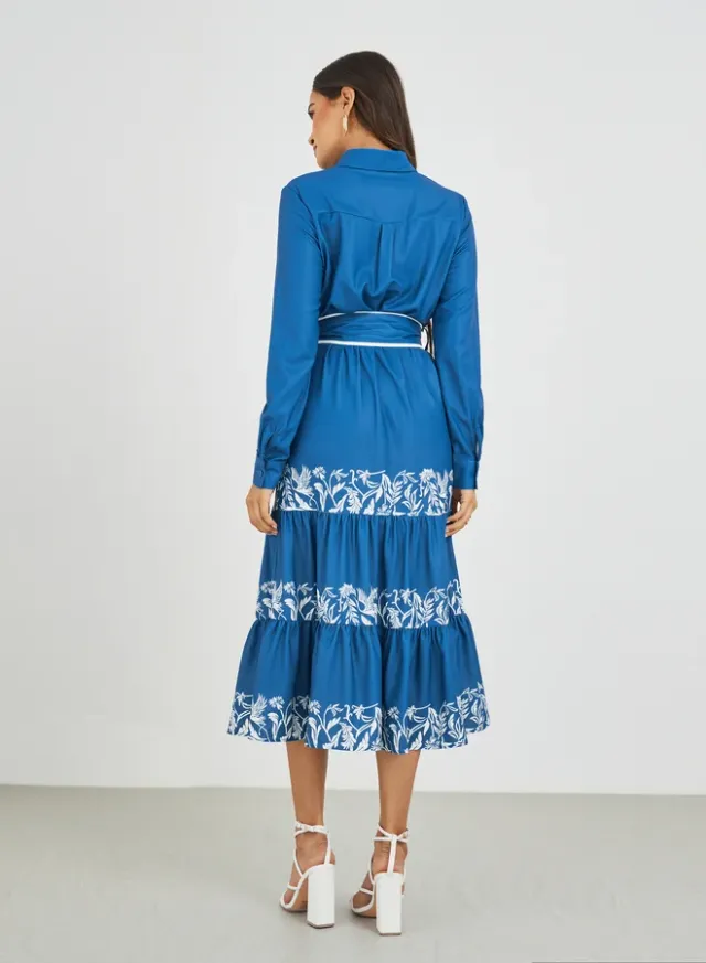 Printed Belted Tiered Long-Sleeve Midi Dress – image 5