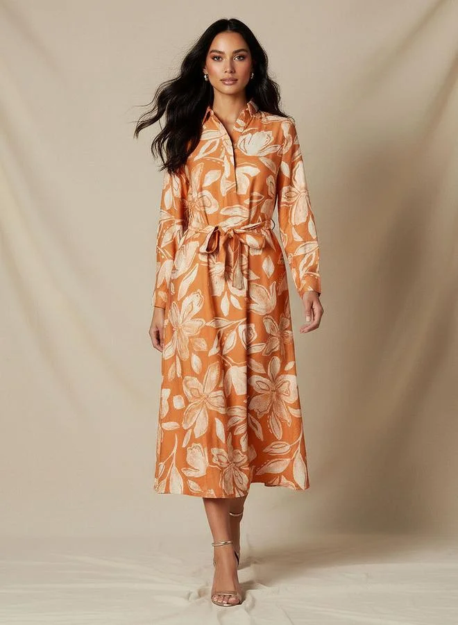 Midi Viscose Floral Print Shirt Dress