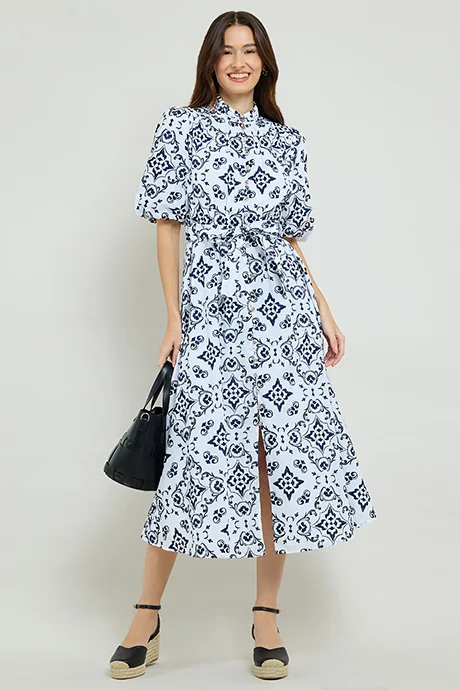Patterned High Neck Puff Sleeve Midi Dress