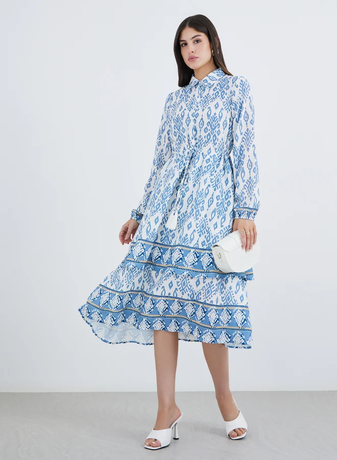 Printed Long Sleeve Collared Tiered Midi Dress