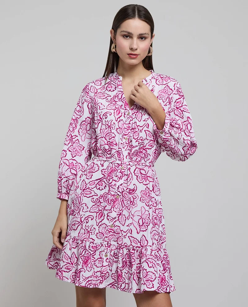 Floral Print Puff Sleeve Shirt Dress