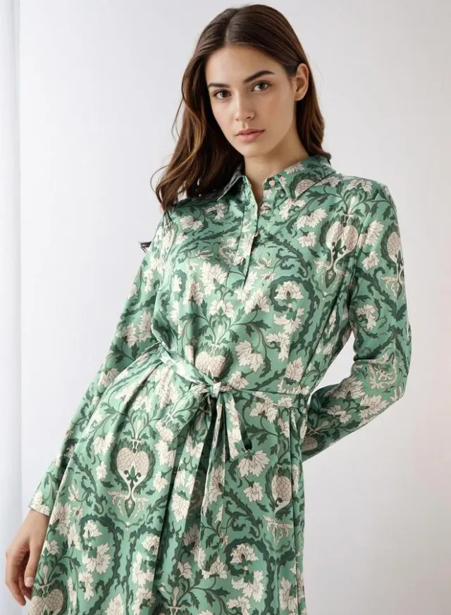 Green Floral Print Maxi Shirt Dress with Tie-Up Detail – image 4
