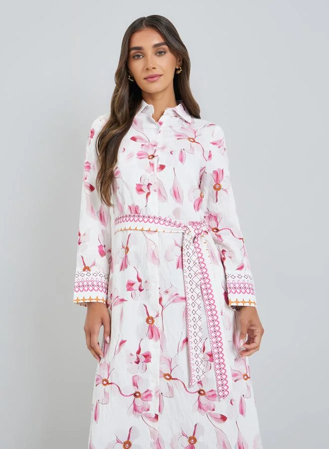 Women's Floral Print Collared A-Line Maxi Dress Pink