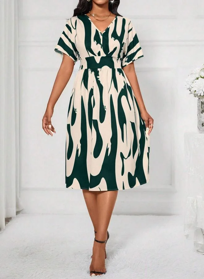 Printed Knee-Length Dress, Green
