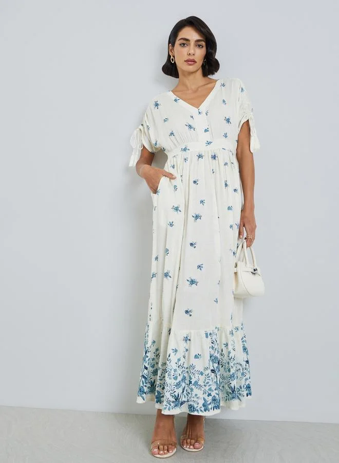 Women's Floral Lace-Up Sleeve A-Line Maxi Dress
