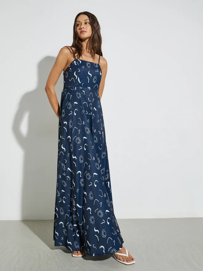 Strappy Printed A-Line Maxi Dress Navy Blue