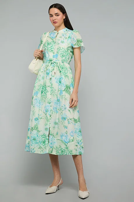 Printed Midi Dress with Mandarin Collar