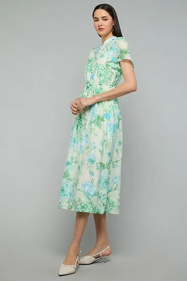 Printed Midi Dress with Mandarin Collar – image 2