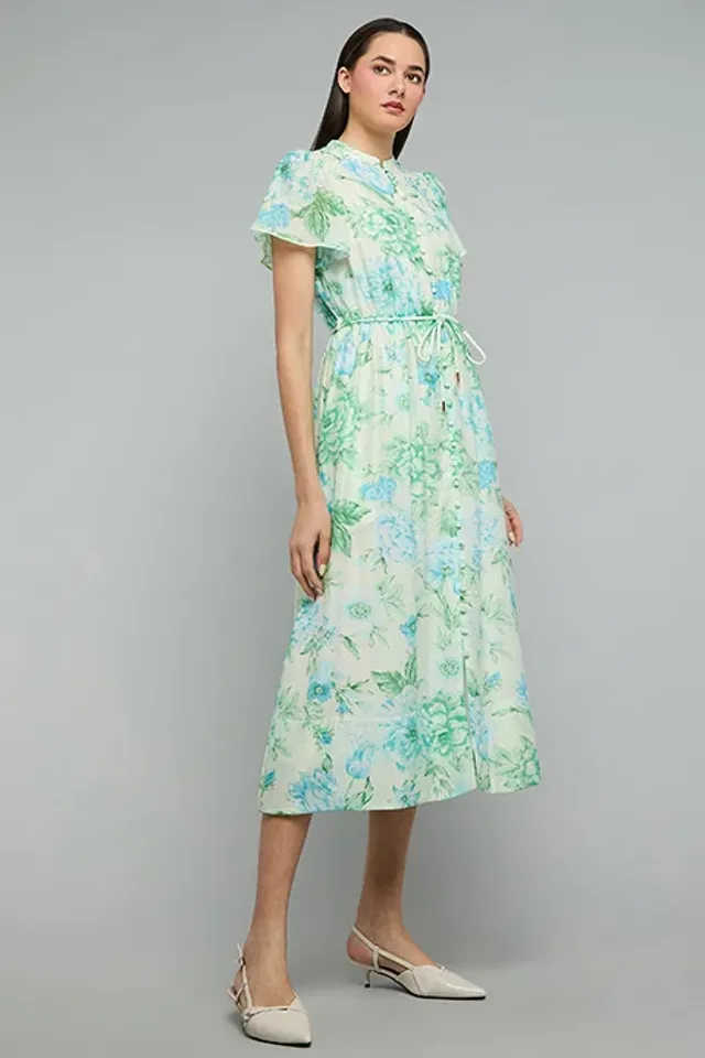 Printed Midi Dress with Mandarin Collar – image 5