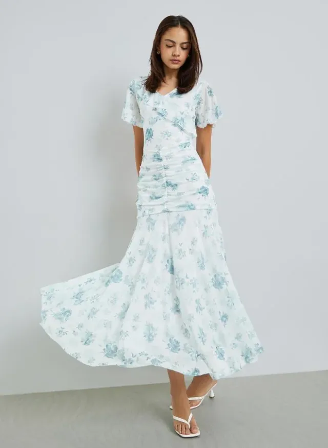 Floral Mesh Gathered Maxi Dress White