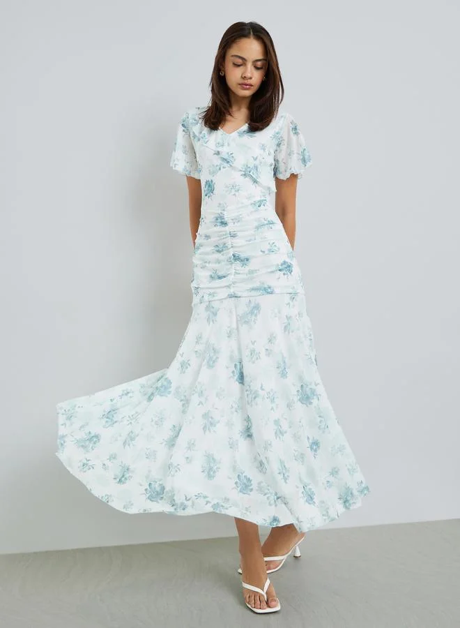 Floral Mesh Gathered Maxi Dress White