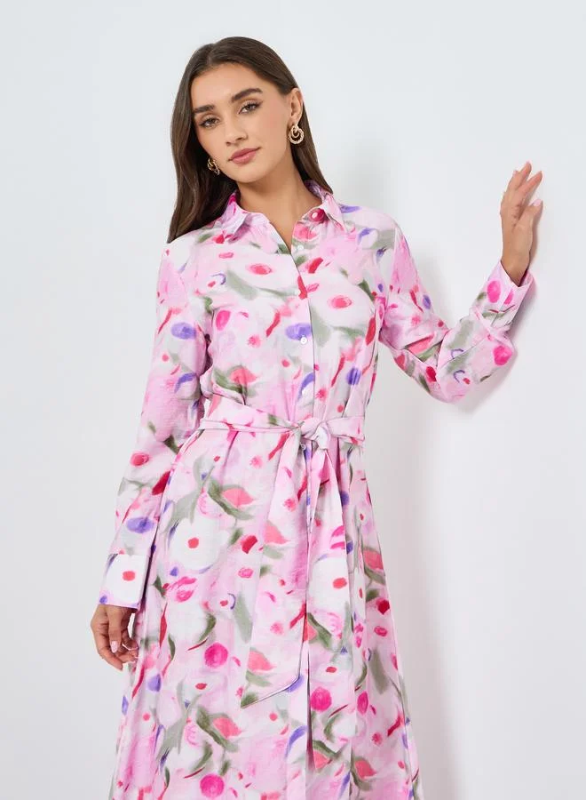 Women Floral Long Sleeve Maxi Shirt Dress Pink