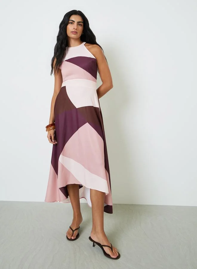 Asymmetric Hem Maxi Dress, Color Block