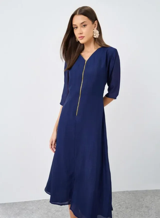 Maxim Creation V-Neck Zip Midi Dress