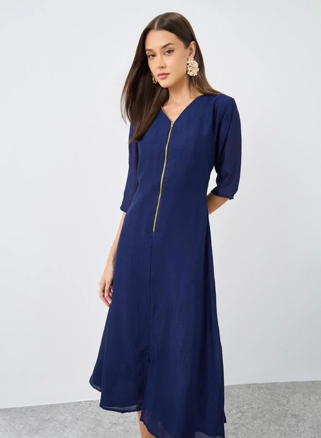 Maxim Creation V-Neck Zip Midi Dress