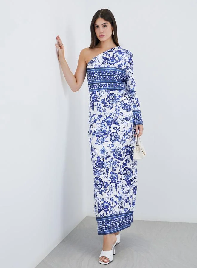 All-Over Print One-Shoulder Sheath Maxi Dress