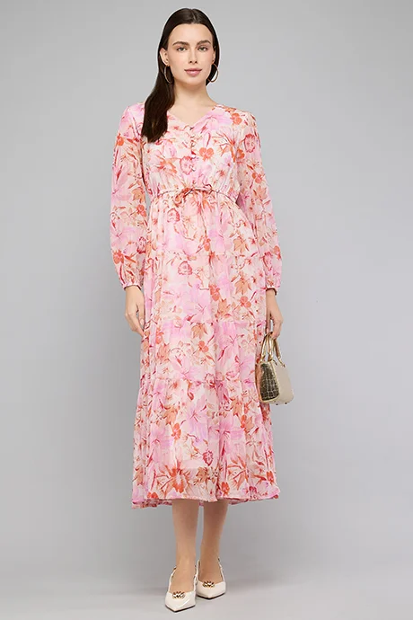 Floral Print V-Neck Puff Sleeve Midi Dress