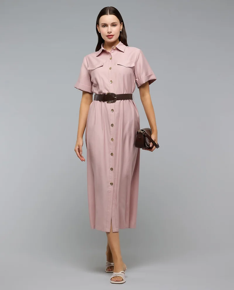 Solid Short Sleeve Classic Collar Shirt Dress