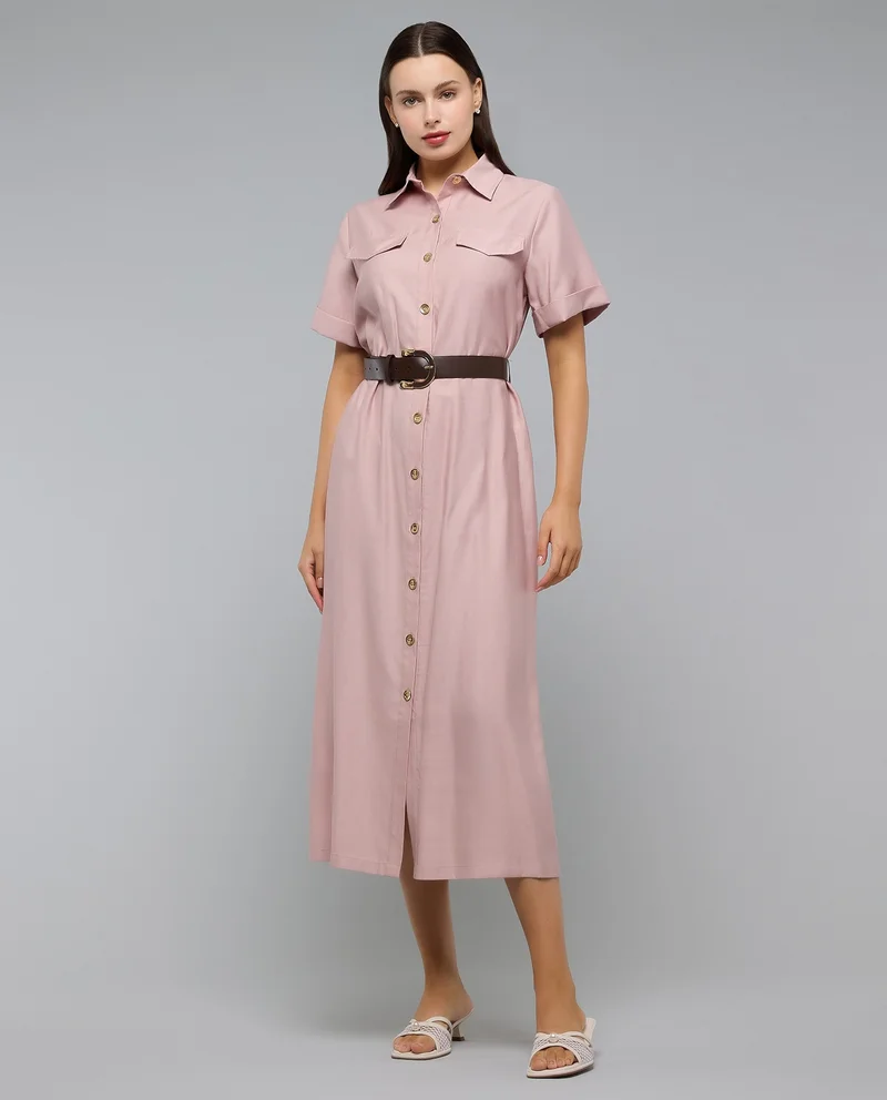 Solid Shirt Dress with Classic Collar and Short Sleeves