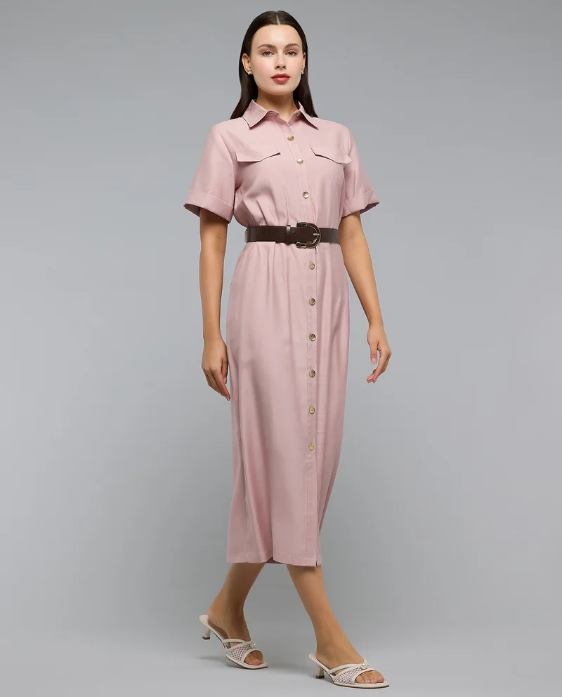 Solid Shirt Dress with Classic Collar and Short Sleeves