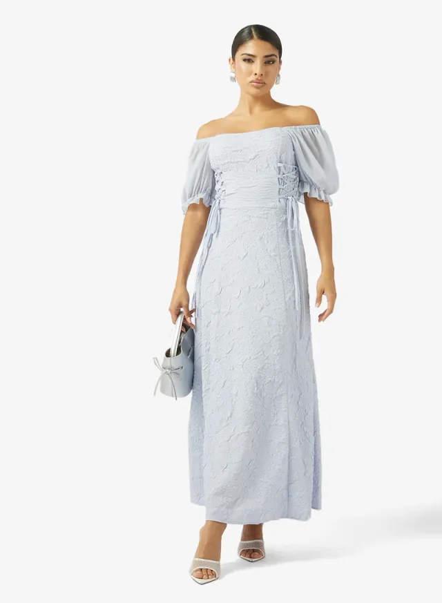 Sky Blue Textured Off-Shoulder Puff-Sleeve Maxi Dress – image 4