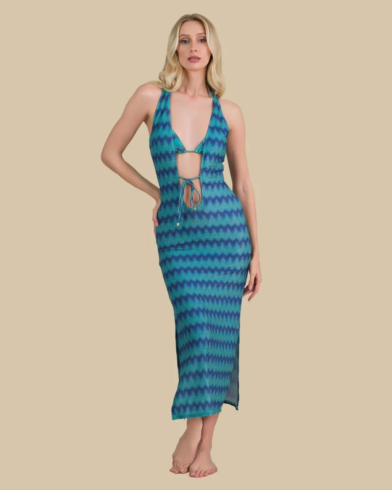 Isla & Evie Metallic Zig Zag Front Tie Midi Dress