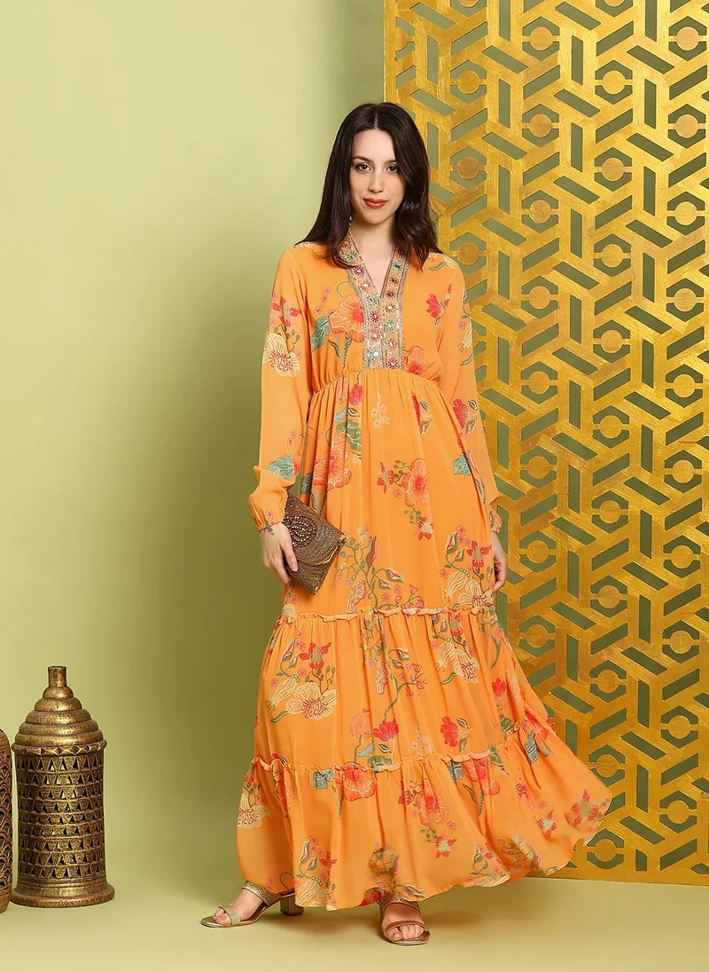 Women's V-Neck Mirror Work Ethnic Dress Orange