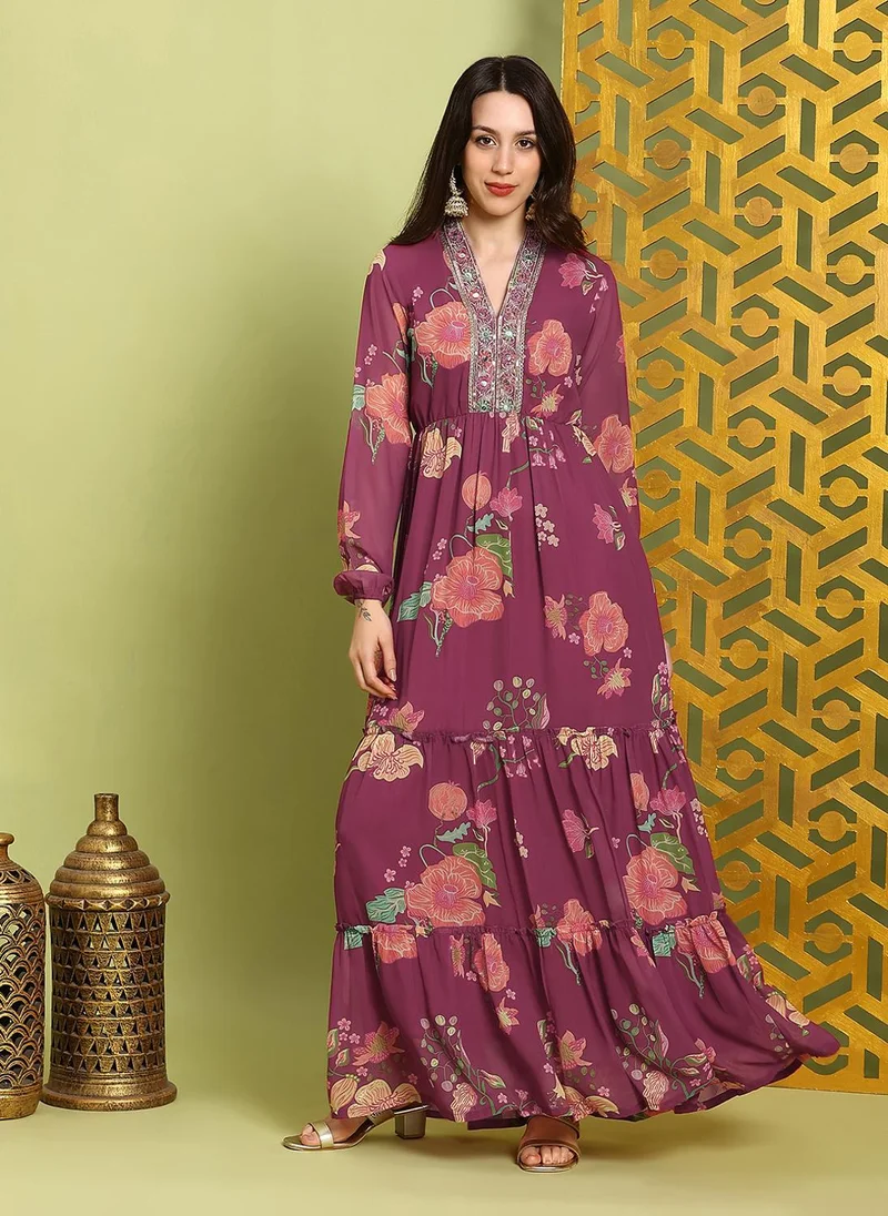 Women's V-Neck Mirror Work Ethnic Dress Orange