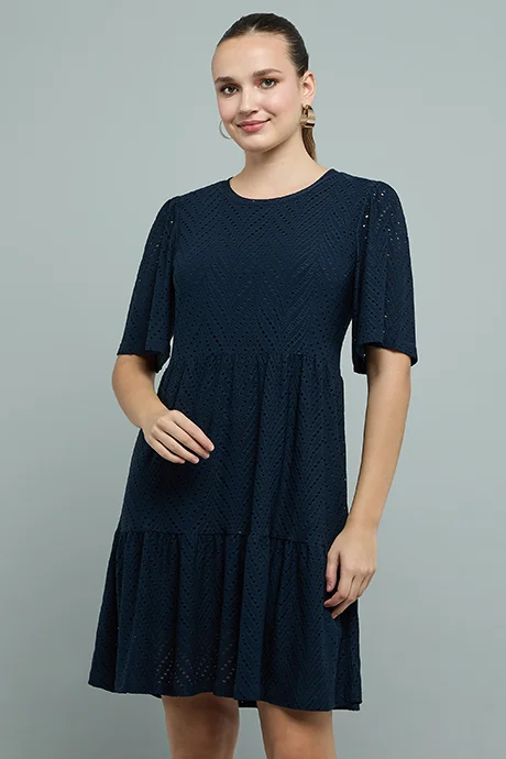 Schiffli Crew Neck Short Sleeve Tiered Dress