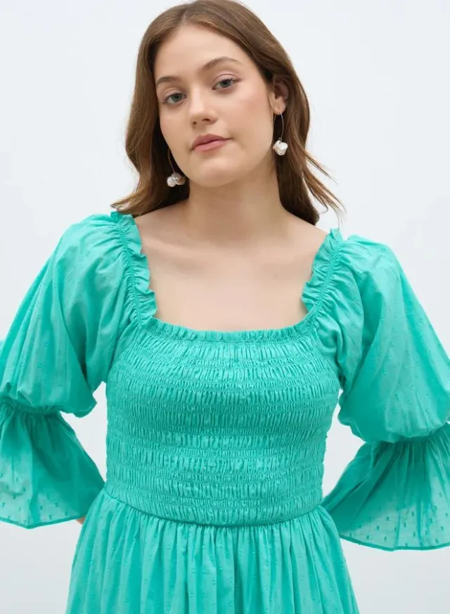 Smocked Square Neck A-Line Midi Dress turquoise – image 4