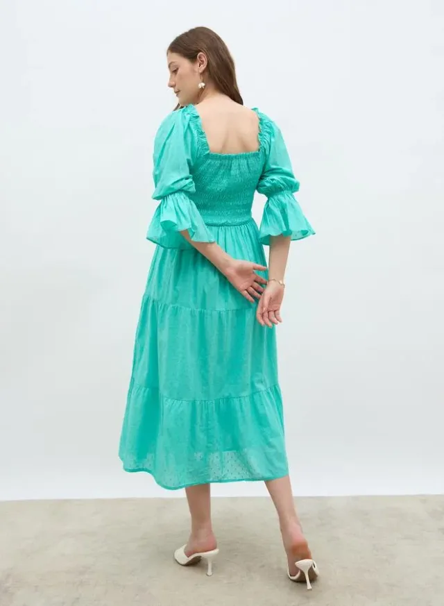 Smocked Square Neck A-Line Midi Dress turquoise – image 5