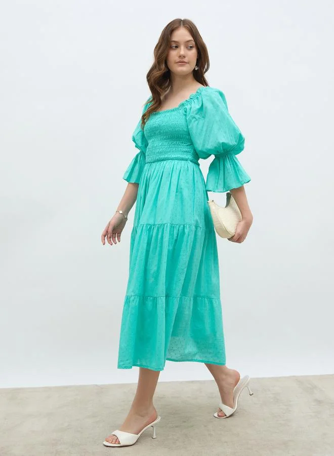 Smocked Square Neck A-Line Midi Dress